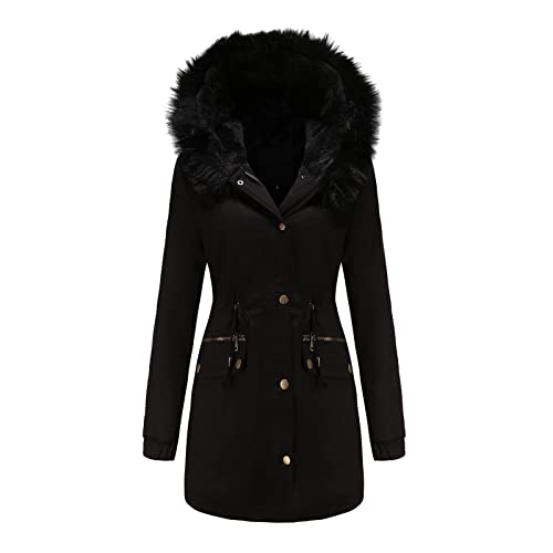 MEYOCEYO Winterjacke Damen Lang Warm Gefüttert Wintermantel mit Fellkapuze Winterparka Winddichte Parkajacke Schwarz L von MEYOCEYO