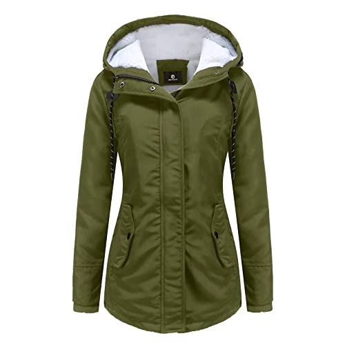 MEYOCEYO Winterjacke Damen Warm Gefüttert Winddicht Jacke mit Kapuze Wintermantel Lang Winterparka Freizeit Parka Armee-Grün M von MEYOCEYO