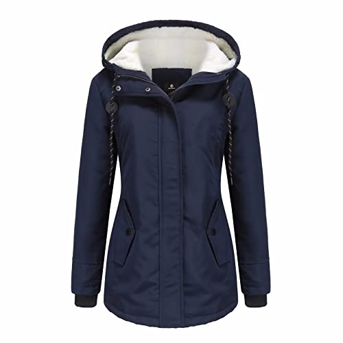 MEYOCEYO Winterjacke Damen Warm Gefüttert Winddicht Jacke mit Kapuze Wintermantel Lang Winterparka Freizeit Parka Navy blau 3XL von MEYOCEYO