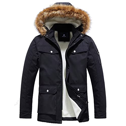 MEYOCEYO Winterjacke Herren Wasserdicht Parka Lang Winddichte Outdoorjacke Winter Warme Wintermante Mit Kunstfell Kapuze Schwarz L von MEYOCEYO