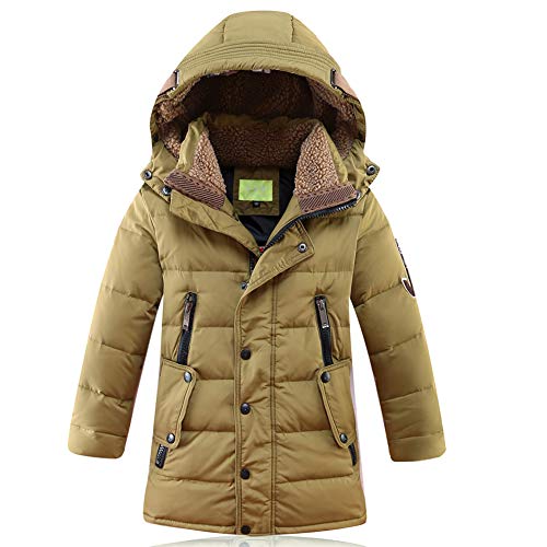 MEYOCEYO Winterjacke Kinder Daunenjacke Jungen Wintermantel Verdicken Daunenmantel Warm Lange Winterparka mit Kapuze Khaki 160 von MEYOCEYO