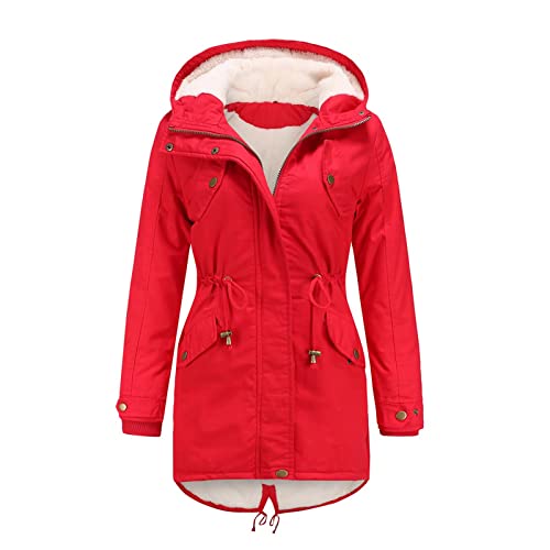 MEYOCEYO Wintermantel Damen Parka Baumwolljacke Lange Winterjacke mit Kapuze Parka Warme Winddichtes Winterparka Rote 3XL von MEYOCEYO