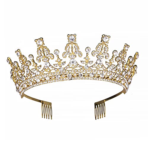 MEZHEN Kristallkrone Tiara Krone Damen Strass Krone Mädchen Braut Haarschmuck Diadem Hochzeit Kopfschmuck für Geburtstags Bankett Party Geschenk Brautschmuck Gold von MEZHEN