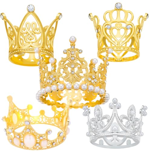 MEZHEN Krone Tortendeko Kristall Perlen Krone Kuchen Deko Kleine Krone Tiara Torte Deko Brautdusche Hochzeit Königin Kinder Geburtstag Party Kuchendeko Gold Prinzessin Kopfschmuck 5 Stück von MEZHEN