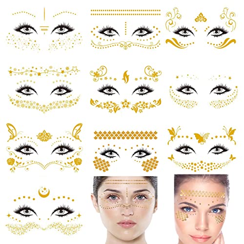 MEZHEN Tattoo Face Tattoos Gesicht Tätowierung Aufkleber Gold Stickers Flash Tattoos Frauen Dame Mädchen Augen Gesicht Karneval Fasching Party Shows Make-up 10 Stück von MEZHEN