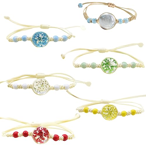MEZHEN Trockenblume Armband Löwenzahn Armbänder Handgefertigt Geflochten Wickelarmband Blumen Freundschaftsarmband Kinder Armbänder Damen Mädchen Kinder Mitgebsel 6 Stück von MEZHEN