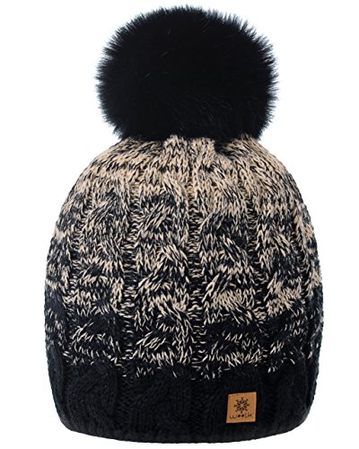 MFAZ Morefaz Ltd Damen Herren Winter Beanie Strickmütze Mütze Wurm Fleece Bommel Fashion SKI (Black Beige) von MFAZ Morefaz Ltd