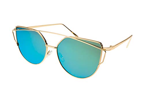 MFAZ Morefaz Ltd Damen Sonnenbrille Katzenaugen Gespiegelt Retro Vintage Cat Eye Brille Mit Etui (Green Blue Gespiegelt) von MFAZ Morefaz Ltd