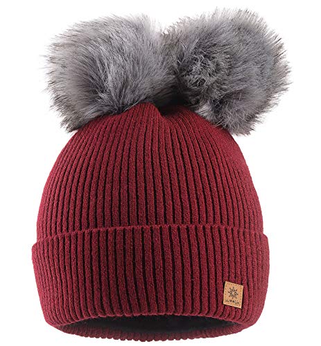 MFAZ Morefaz Ltd Damen Winter Beanie Strickmütze Mütze Doppelt Bommel Pom Pom Wurm SKI Mütze (Burgundy) von MFAZ Morefaz Ltd