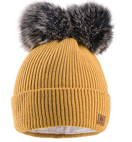 MFAZ Morefaz Ltd Damen Winter Beanie Strickmütze Mütze Doppelt Bommel Pom Pom Wurm SKI Mütze (Mustard) von MFAZ Morefaz Ltd