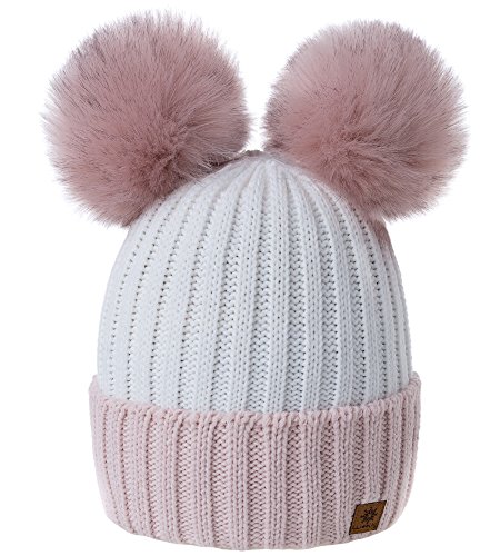 MFAZ Morefaz Ltd Damen Winter Beanie Strickmütze Mütze Doppelt Bommel Pom Pom Wurm SKI Mütze (Powder-Pink White) von MFAZ Morefaz Ltd