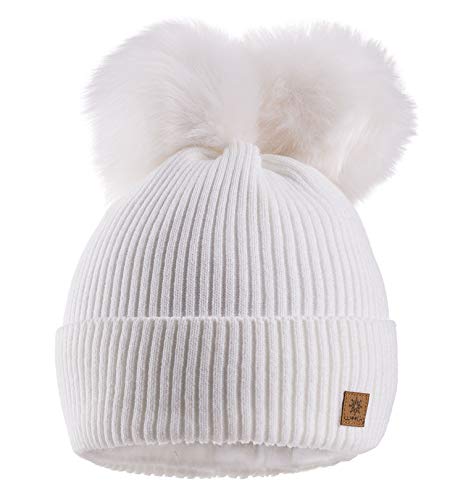 MFAZ Morefaz Ltd Damen Winter Beanie Strickmütze Mütze Doppelt Bommel Pom Pom Wurm SKI Mütze (White) von MFAZ Morefaz Ltd