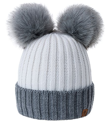 MFAZ Morefaz Ltd Damen Winter Beanie Strickmütze Mütze Doppelt Bommel Pom Pom Wurm SKI Mütze (Grey White) von MFAZ Morefaz Ltd