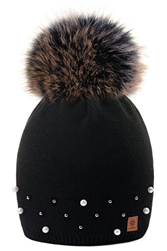 MFAZ Morefaz Ltd Damen Winter Beanie Strickmütze Mütze Faux Perle Wurm Fleece Bommel Pom Pom (Black) von MFAZ Morefaz Ltd