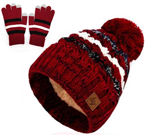 MFAZ Morefaz Ltd Set Mütze und Handschuhe Damen Herren Winter Beanie Strickmütze Fleece Bommel (Set Hut & Handschuhe Dunkelrot) von MFAZ Morefaz Ltd