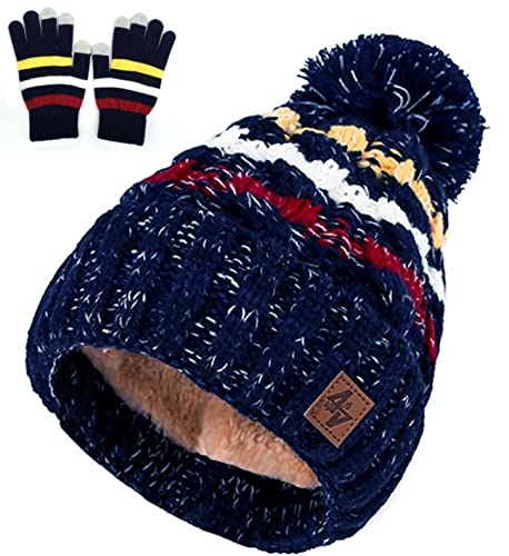 MFAZ Morefaz Ltd Set Mütze und Handschuhe Damen Herren Winter Beanie Strickmütze Fleece Bommel (Set Hut und Handschuhe Nave) von MFAZ Morefaz Ltd