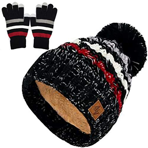 MFAZ Morefaz Ltd Set Mütze und Handschuhe Damen Herren Winter Beanie Strickmütze Fleece Bommel (Set Hut & Handschuhe Schwarz) von MFAZ Morefaz Ltd