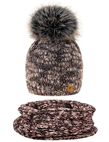 MFAZ Morefaz Ltd Set Mütze & Schal Damen Winter Beanie Strickmütze Alpaka Wolle Wurm Fleece Bommel Pom Pom (Chocolate Set Mütze & Schal) von MFAZ Morefaz Ltd