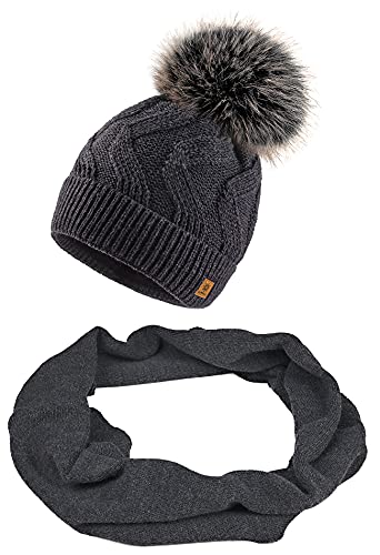 MFAZ Morefaz Ltd Set Mütze & Schal Damen Winter Beanie Strickmütze Zickzack Wurm Fleece Bommel Pom Pom (Dunkelgrau Set Mütze & Schal) von MFAZ Morefaz Ltd