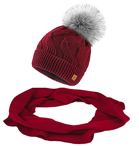 MFAZ Morefaz Ltd Set Mütze & Schal Damen Winter Beanie Strickmütze Zickzack Wurm Fleece Bommel Pom Pom (Dunkelrote Set Mütze & Schal) von MFAZ Morefaz Ltd