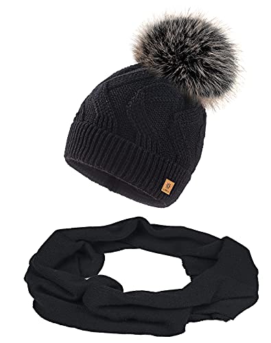 MFAZ Morefaz Ltd Set Mütze & Schal Damen Winter Beanie Strickmütze Zickzack Wurm Fleece Bommel Pom Pom (Schwarzes Set Mütze & Schal) von MFAZ Morefaz Ltd