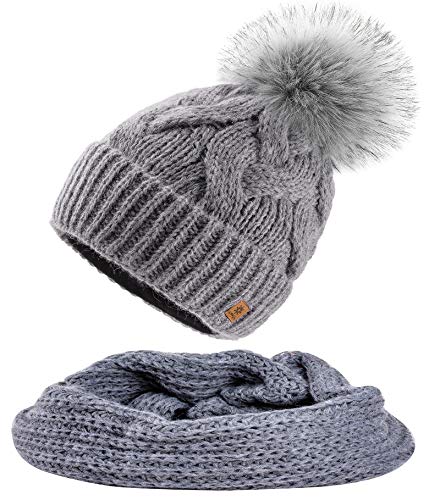 MFAZ Morefaz Ltd Set Mütze & Schal Flechte Damen Winter Beanie Wurm Strickmütze Mohair Wolle Fleece Bommel Pom Pom (Grey Mütze & Schal) von MFAZ Morefaz Ltd