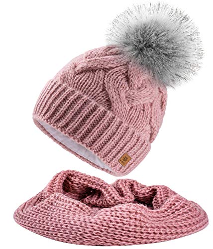 MFAZ Morefaz Ltd Set Mütze & Schal Flechte Damen Winter Beanie Wurm Strickmütze Mohair Wolle Fleece Bommel Pom Pom (Rose Pink Mütze & Schal) von MFAZ Morefaz Ltd