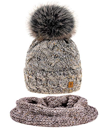 MFAZ Morefaz Ltd Set Mütze & Schal Winter Damen Alpaka Wolle Beanie Strickmütze Wurm Fleece Bommel Pom Pom (Beige Set Hat&Scarf) von MFAZ Morefaz Ltd