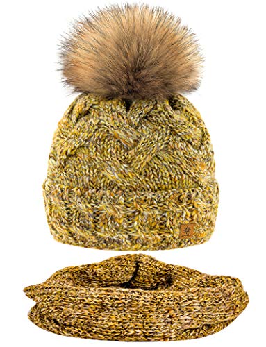 MFAZ Morefaz Ltd Set Mütze & Schal Winter Damen Alpaka Wolle Beanie Strickmütze Wurm Fleece Bommel Pom Pom (Mustard Set Hat&Scarf) von MFAZ Morefaz Ltd