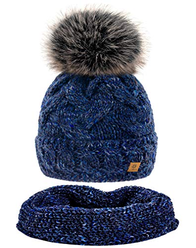 MFAZ Morefaz Ltd Set Mütze & Schal Winter Damen Alpaka Wolle Beanie Strickmütze Wurm Fleece Bommel Pom Pom (Nave Set Hat&Scarf) von MFAZ Morefaz Ltd