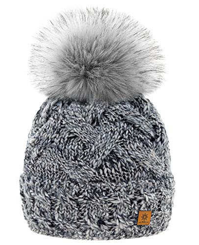 MFAZ Morefaz Ltd Set Mütze & Schal Winter Damen Alpaka Wolle Beanie Strickmütze Wurm Fleece Bommel Pom Pom (Platinum Grey Mütze) von MFAZ Morefaz Ltd