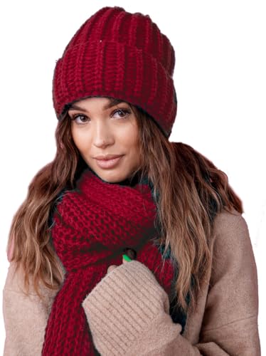 MFAZ Morefaz Ltd Warmes Winterset für Damen, Mütze und Schal Strickmütze (Polyacryl, Burgund) von MFAZ Morefaz Ltd