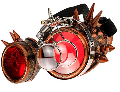 MFAZ Morefaz Ltd Welding Cyber Goggles Schutzbrille Schweißen Sonnenbrille Steampunk Goth Round Cosplay Brille Party Fancy Dress (Coopper Spikes Loupe) von MFAZ Morefaz Ltd