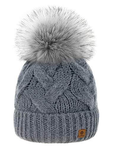 MFAZ Morefaz Ltd Winter Damen Strickmütze Beanie Wurm Mohair Wolle Fleece Bommel Pom Pom (Grey) von MFAZ Morefaz Ltd