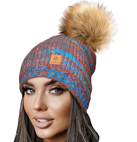 MFAZ Morefaz Ltd Winter Damen Strickmütze Beanie Wurm Mohair Wolle Fleece Bommel Pom Pom (Nave Aurora) von MFAZ Morefaz Ltd