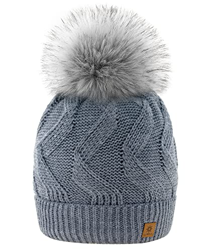 MFAZ Morefaz Ltd Wurm Winter Strickmütze Mütze Damen Kristalle Kiesel Große Bommel Diana Pompon l SKI (Grey) von MFAZ Morefaz Ltd