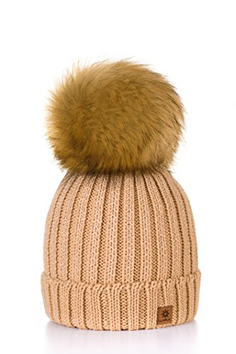 MFAZ Morefaz Ltd Wurm Winter Strickmütze Mütze Damen Kristalle Kiesel mit Große Bomme Pompon SKI (Beige) von MFAZ Morefaz Ltd
