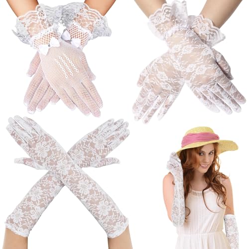 3 Paar Spitzen Handschuhe Spitzen-Brauthandschuhe Damen Kurze Spitze Handschuhe Exquisite Mary Poppins Braut Kostüm & Halloween Kostüm für Damen – Weiße Spitzenhandschuhe mit Spitze und Eleganten von MFCGHXR