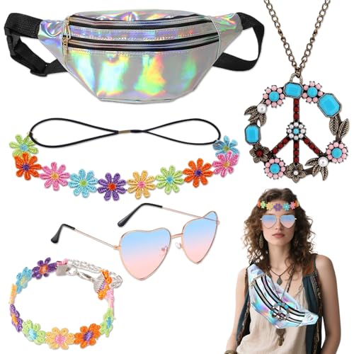 MFCGHXR Hippie Kostüm Damen Set mit Zubehör für Retro-Party – Kopfbedeckung, Brille, Halskette, Armband, Bauchtasche – Vintage 60er Jahre Look, Unisex MFCGHXR Hippie Kostüm Damen Set mit Zubehör für Retro-Party – Kopfbedeckung, Brille, Halskette, Armband, Bauchtasche – Vintage 60er Jahre Look, Unisex von MFCGHXR