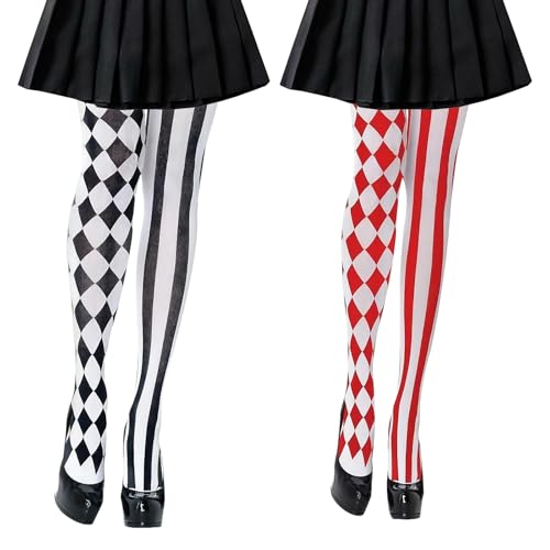 MFCGHXR Overknee Strümpfe Damen Clown Look – 2 Paar Karneval Kostümstrumpfhose 110cm – Rot Weiß Streifen & Skelett Design – Stretch Faschingsstrümpfe für Party Verkleidung Cosplay von MFCGHXR
