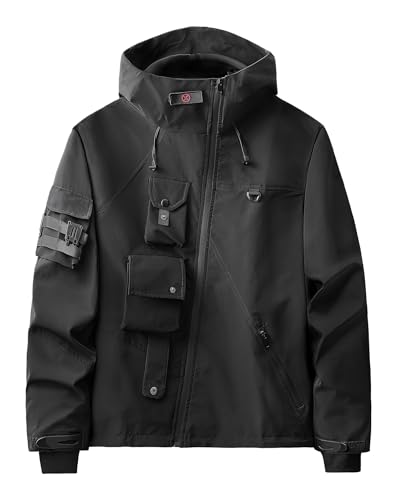 MFCT Techwear Herren Wasserdichter Windbreaker mit Trichter-Kapuzenpullover, Schwarz-j514, L von MFCT