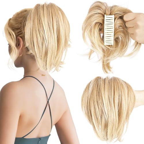 MFDYMYGS Unordentliches Dutt-Haarteil mit Haarklammer, unordentliches Dutt-Haarteil mit biegbarem Metall, kurze Pferdeschwanz-Verlängerung für Damen (Goldblond) von MFDYMYGS