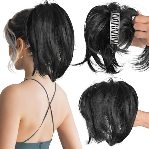 MFDYMYGS Unordentliches Dutt-Haarteil mit Haarklammer zum Anklippen, mit biegbarem Metall, kurzer Pferdeschwanz-Verlängerung für Damen und Mädchen, Tiefschwarz von MFDYMYGS