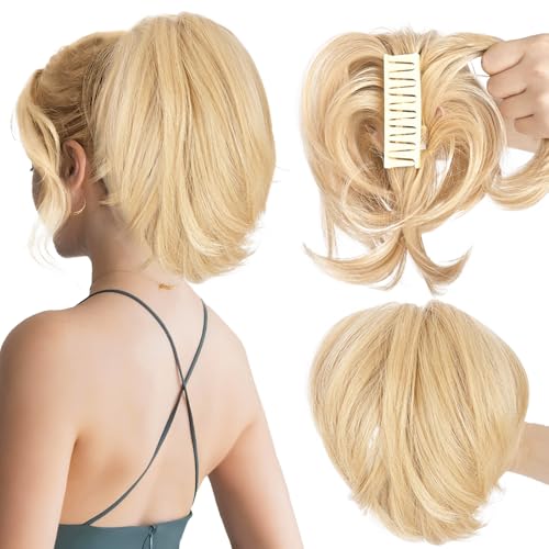 MFDYMYGS Unordentliches Dutt-Haarteil mit Haarklammer zum Anklippen, mit biegbarem Metall, kurzer Pferdeschwanz-Verlängerung für Damen und Mädchen (Hellblond) von MFDYMYGS