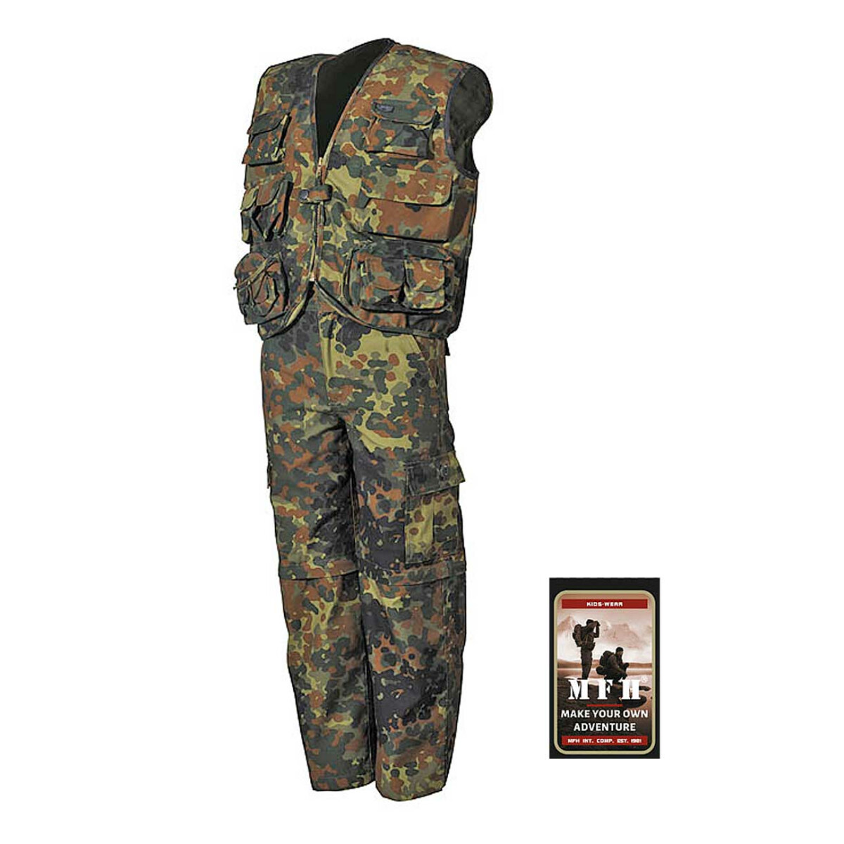 Kinder-Anzug, flecktarn, Weste u. Hose, mit abnehmbaren Beinen XL von MFH