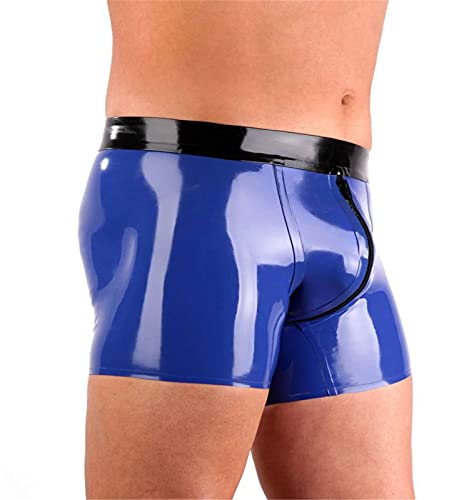 MFMYEE Herren Blauer Reißverschluss handgemachte Nähte Latex Fetisch exotische Herrenunterwäsche Unterwäsche Latex Shorts (3XL) von MFMYEE