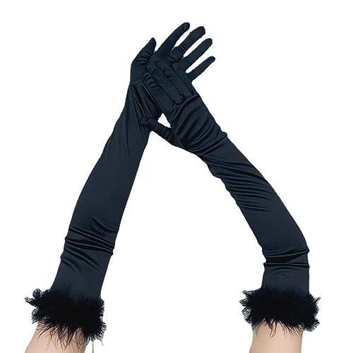 MFUOE 1 Paar lange gefiederte Satin-Handschuhe – Retro-Party-Opernhandschuhe für Bühnenshow & Halloween, Schwarz , One size MFUOE 1 Paar lange gefiederte Satin-Handschuhe – Retro-Party-Opernhandschuhe für Bühnenshow & Halloween, Schwarz , One size von MFUOE