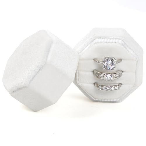 MFXIP Ringschatulle aus Samt, 3 Fächer, Vintage-Stil, achteckig, Premium-Schmuckhalter, Geschenkbox mit abnehmbarem Deckel für Verlobung, Hochzeit, Andenken, Brautfoto von MFXIP