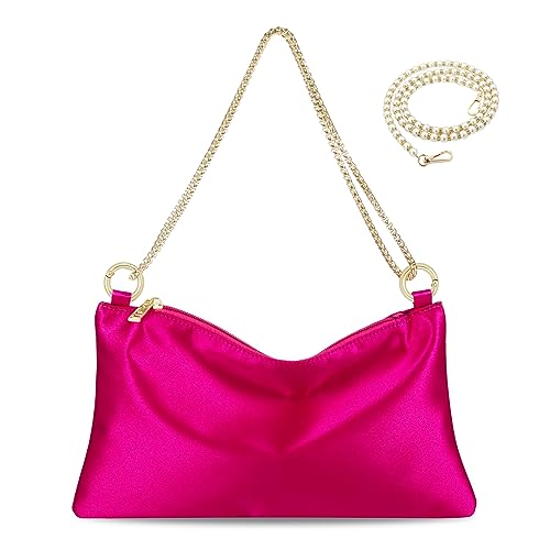 MGBPEI Damen-Handtasche aus Satin, Abendtasche, Hochzeit, Abschlussball, Clutch, formelle Cocktail-Party, Clutch, Schultertasche mit 2 Taschenketten, Hot Pink Satin, Medium von MGBPEI