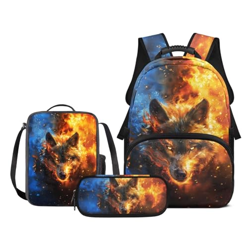 MGDDB Fire Wolf Rucksäcke Set für Schule für Kinder Mädchen Jungen Schulranzen Set mit Lunchbox Federmäppchen Vorschule Kindergarten Elementary Bookbag Teenager Schultasche von MGDDB